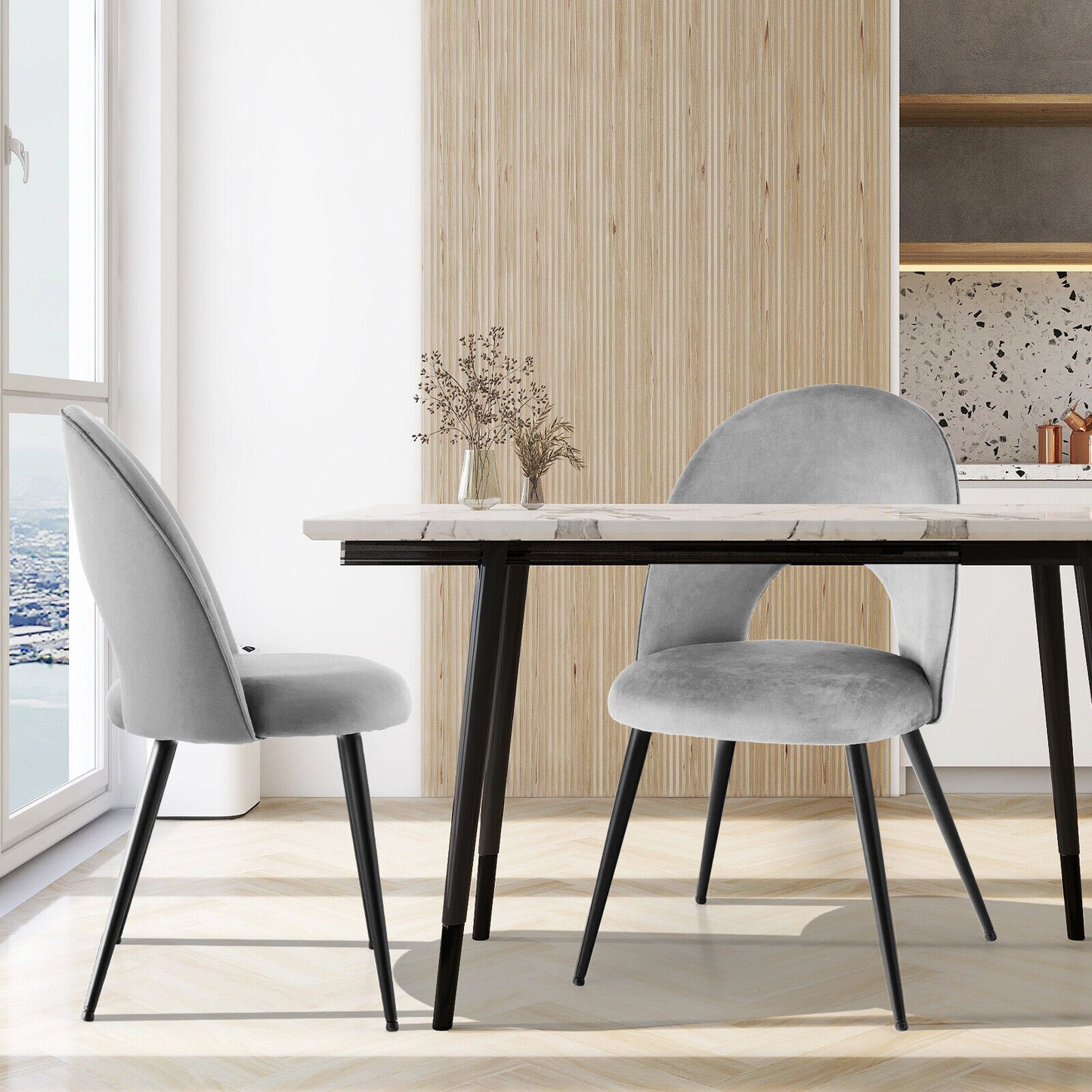 Set of 2 Velvet Dining Chairs with Metal Frame & Adjustable Foot Pads - Grey