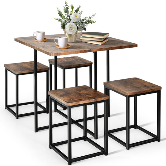 5-Piece Dining Set with Metal Frame Table and 4 Stools Walnut Wood Finish