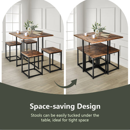 5-Piece Dining Set with Metal Frame Table and 4 Stools Walnut Wood Finish
