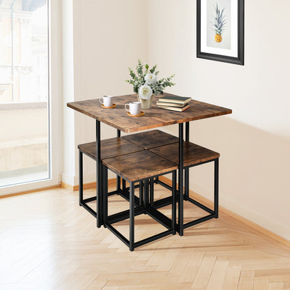 5-Piece Dining Set with Metal Frame Table and 4 Stools Walnut Wood Finish