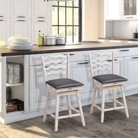 Pair of 25 Inch Swivel Bar Stools with Rubber Wood Frame and Ergonomic Backrest with Footrest