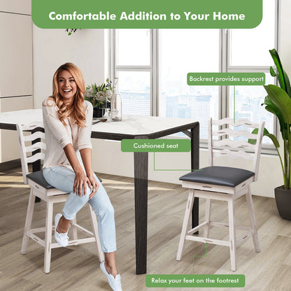 Pair of 25 Inch Swivel Bar Stools with Rubber Wood Frame and Ergonomic Backrest with Footrest