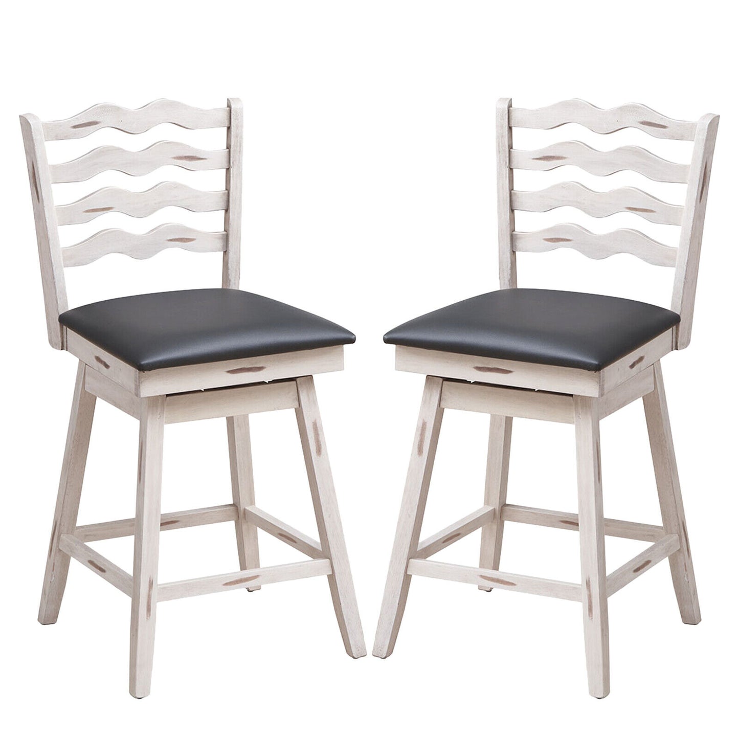 Pair of 25 Inch Swivel Bar Stools with Rubber Wood Frame and Ergonomic Backrest with Footrest