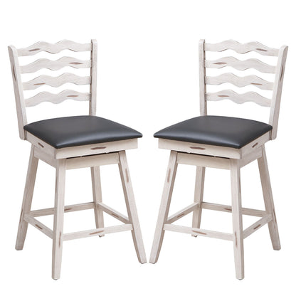 Pair of 25 Inch Swivel Bar Stools with Rubber Wood Frame and Ergonomic Backrest with Footrest