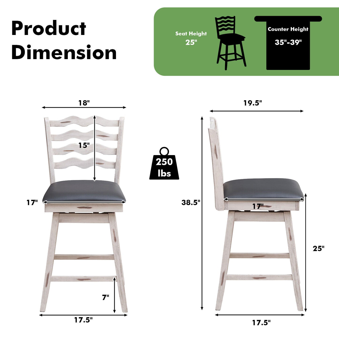 Pair of 25 Inch Swivel Bar Stools with Rubber Wood Frame and Ergonomic Backrest with Footrest