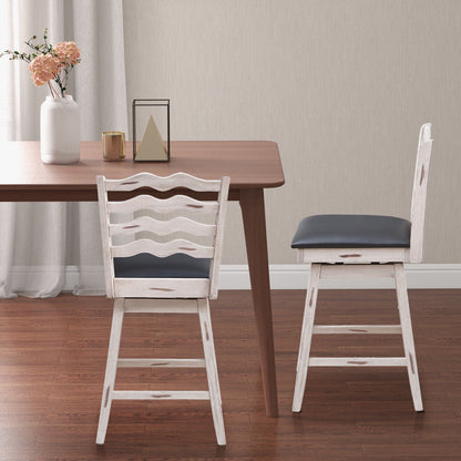 Pair of 25 Inch Swivel Bar Stools with Rubber Wood Frame and Ergonomic Backrest with Footrest