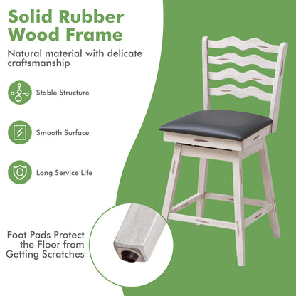Pair of 25 Inch Swivel Bar Stools with Rubber Wood Frame and Ergonomic Backrest with Footrest