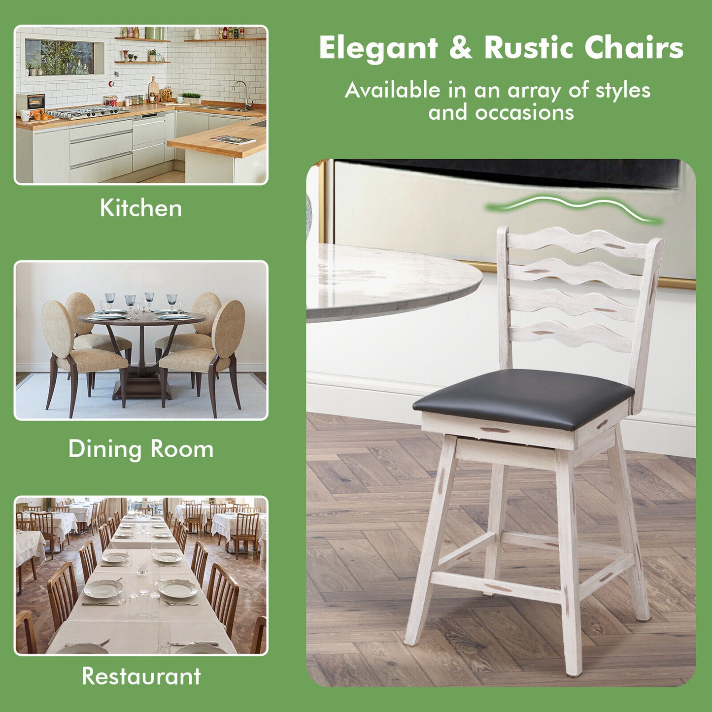 Pair of 25 Inch Swivel Bar Stools with Rubber Wood Frame and Ergonomic Backrest with Footrest