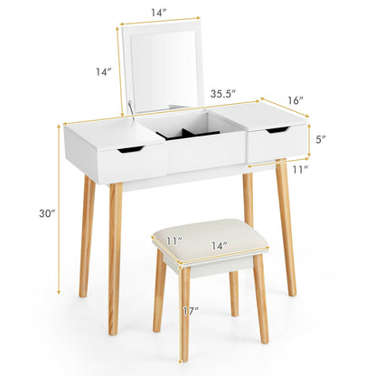 2-in-1 Makeup Vanity Desk with Flip Mirror, Storage Drawers, and Upholstered Stool – White