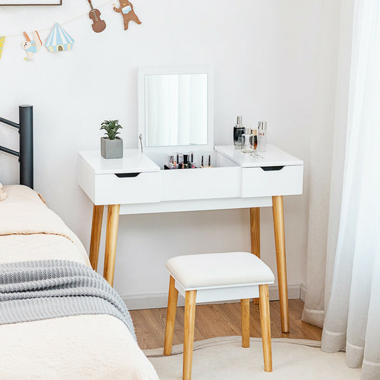 2-in-1 Makeup Vanity Desk with Flip Mirror, Storage Drawers, and Upholstered Stool – White