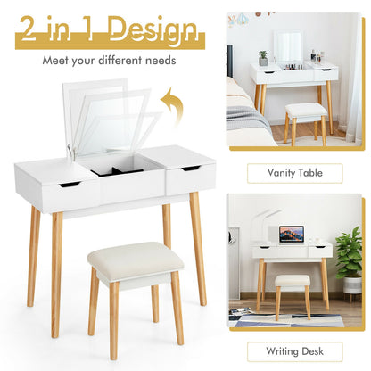 2-in-1 Makeup Vanity Desk with Flip Mirror, Storage Drawers, and Upholstered Stool – White