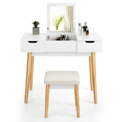 2-in-1 Makeup Vanity Desk with Flip Mirror, Storage Drawers, and Upholstered Stool – White