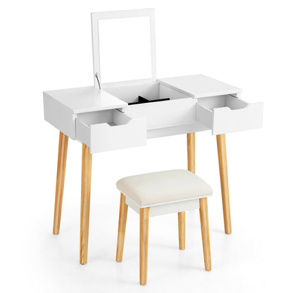 2-in-1 Makeup Vanity Desk with Flip Mirror, Storage Drawers, and Upholstered Stool – White