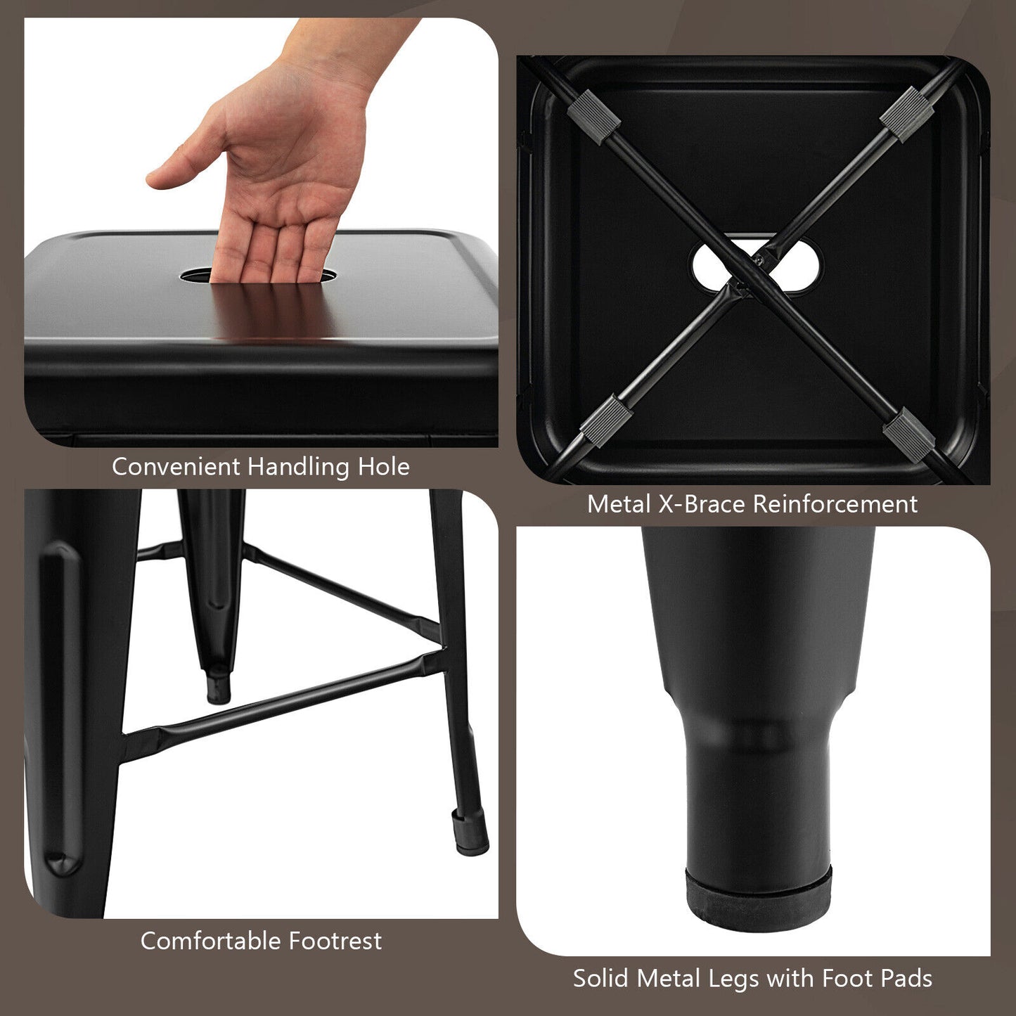 Set of 4 30 Inch Bar Stools with Square Seat and Convenient Handling Hole - Black