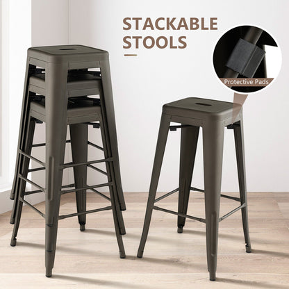 Set of 4 30 Inch Bar Stools with Square Seat and Convenient Handling Hole - Gunmetal