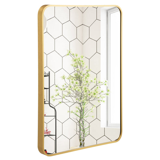 Premium Metal Framed Wall Mirror with Shatterproof Glass and Rounded Corners - Golden