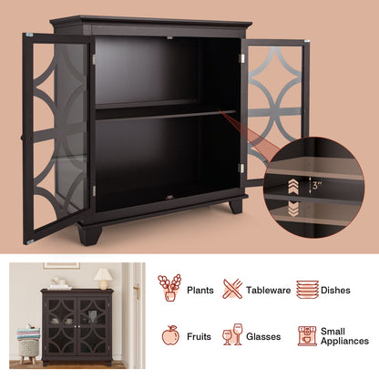 Modern Buffet Cabinet with Glass Doors and Adjustable Storage Shelf - Brown