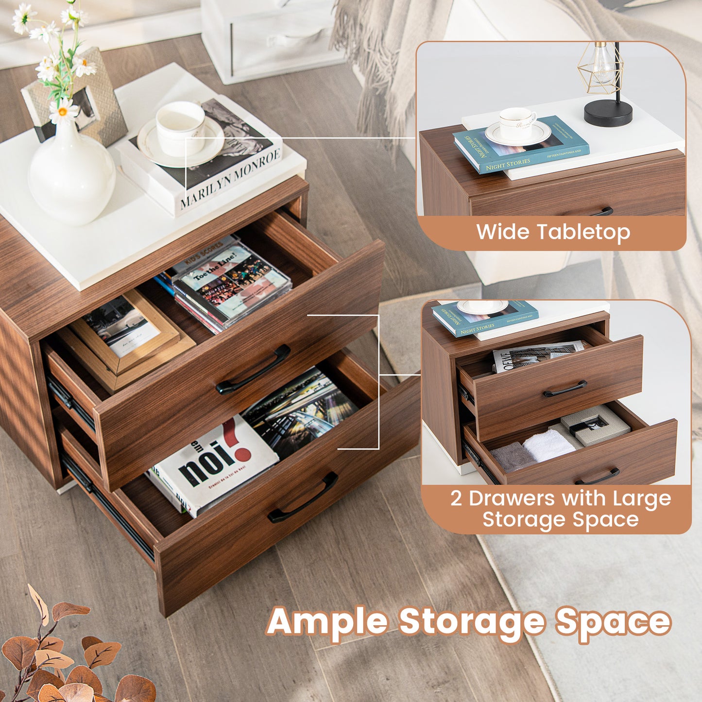 Sleek Modern Nightstand with 2 Drawers for Bedroom or Living Room Organization