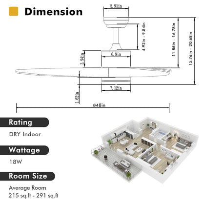 48 Inch Wooden Ceiling Fan with LED Light and 6 Speed Remote Control