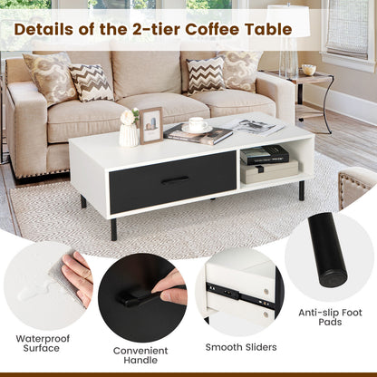 Modern Coffee Table with Drawer and Open Shelf Storage Two Tier Accent Table