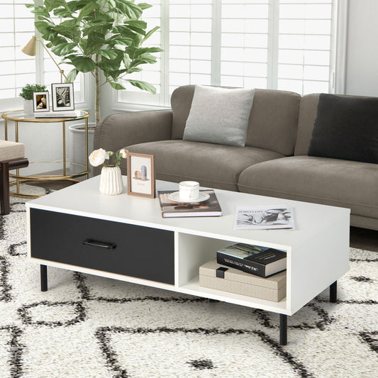 Modern Coffee Table with Drawer and Open Shelf Storage Two Tier Accent Table
