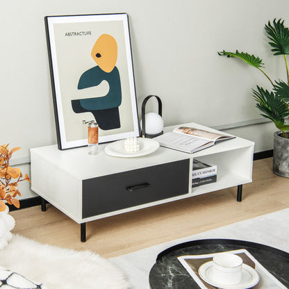 Modern Coffee Table with Drawer and Open Shelf Storage Two Tier Accent Table