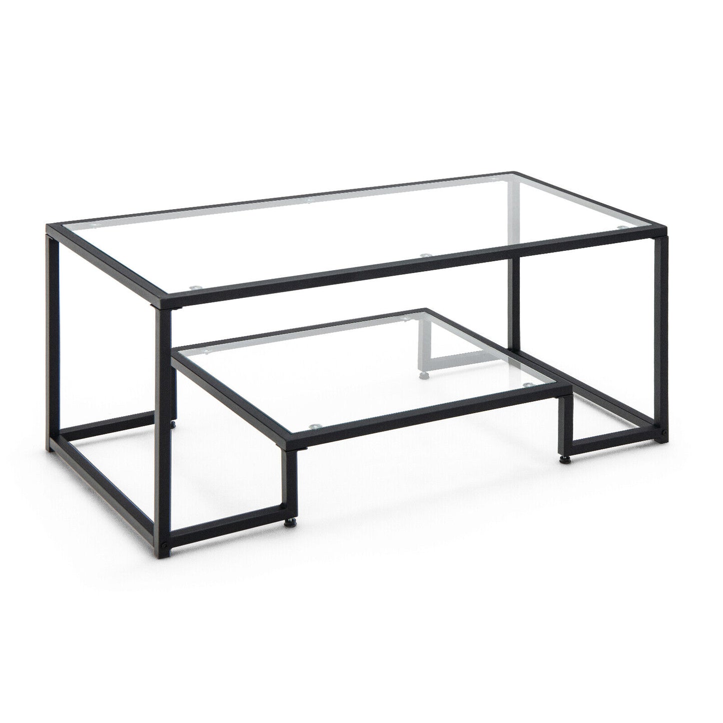 Modern Glass Coffee Table with 2-Tier Storage and Black Steel Frame