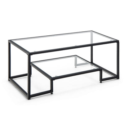 Modern Glass Coffee Table with 2-Tier Storage and Black Steel Frame