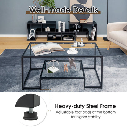 Modern Glass Coffee Table with 2-Tier Storage and Black Steel Frame