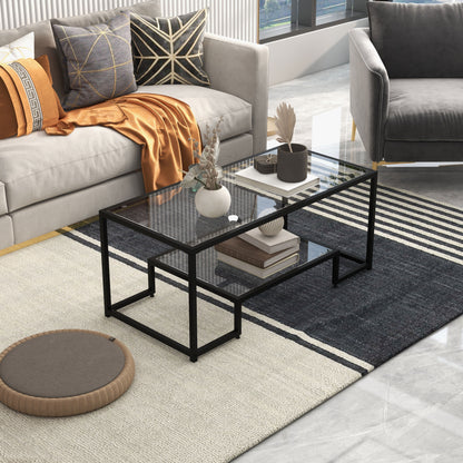 Modern Glass Coffee Table with 2-Tier Storage and Black Steel Frame