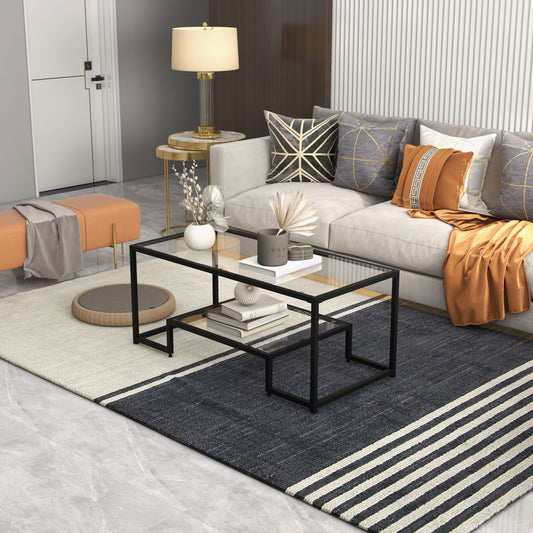 Modern Glass Coffee Table with 2-Tier Storage and Black Steel Frame