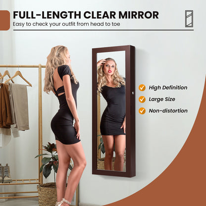 Lockable Wall-Mounted Jewelry Cabinet with Full-Length Mirror, LED Lights & Adjustable Storage – Brown