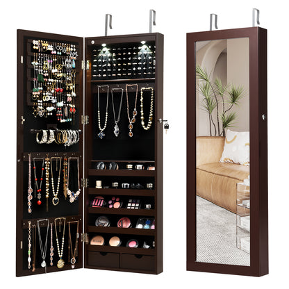 Lockable Wall-Mounted Jewelry Cabinet with Full-Length Mirror, LED Lights & Adjustable Storage – Brown