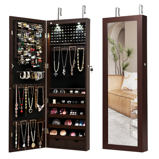 Lockable Wall-Mounted Jewelry Cabinet with Full-Length Mirror, LED Lights & Adjustable Storage – Brown