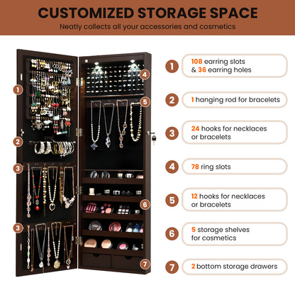 Lockable Wall-Mounted Jewelry Cabinet with Full-Length Mirror, LED Lights & Adjustable Storage – Brown