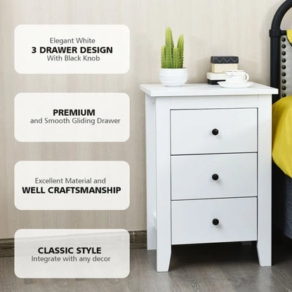 Modern Nightstand with 3 Drawers Bedroom Storage End Table White