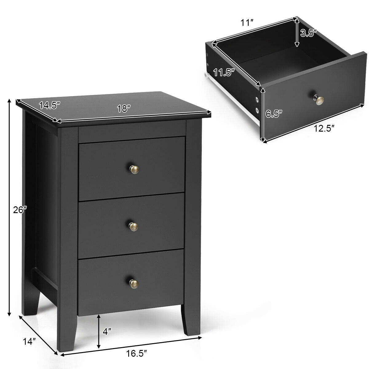 Modern Nightstand with 3 Drawers Bedroom Storage End Table Black