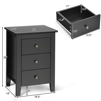 Modern Nightstand with 3 Drawers Bedroom Storage End Table Black