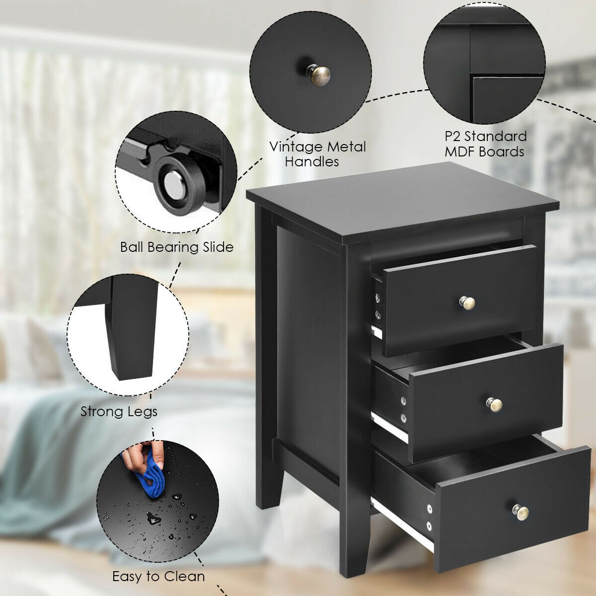 Modern Nightstand with 3 Drawers Bedroom Storage End Table Black