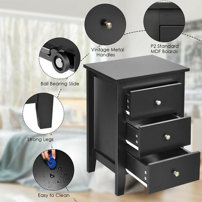 Modern Nightstand with 3 Drawers Bedroom Storage End Table Black