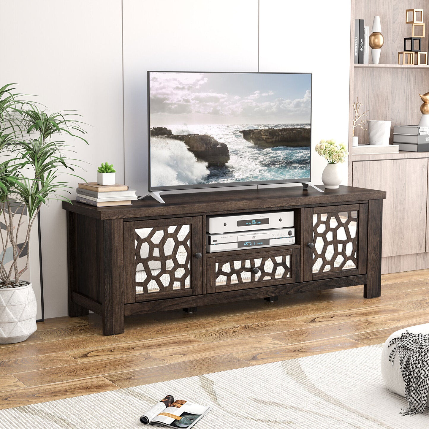 Retro TV Stand with Mirrored Doors and Storage Drawer for TVs up to 60 Inches – Dark Brown