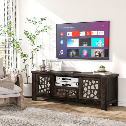 Retro TV Stand with Mirrored Doors and Storage Drawer for TVs up to 60 Inches – Dark Brown