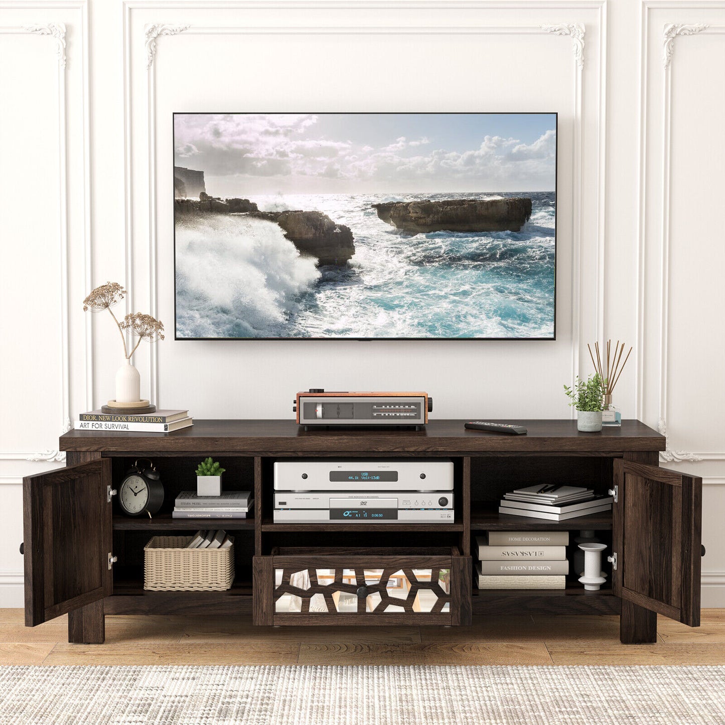 Retro TV Stand with Mirrored Doors and Storage Drawer for TVs up to 60 Inches – Dark Brown