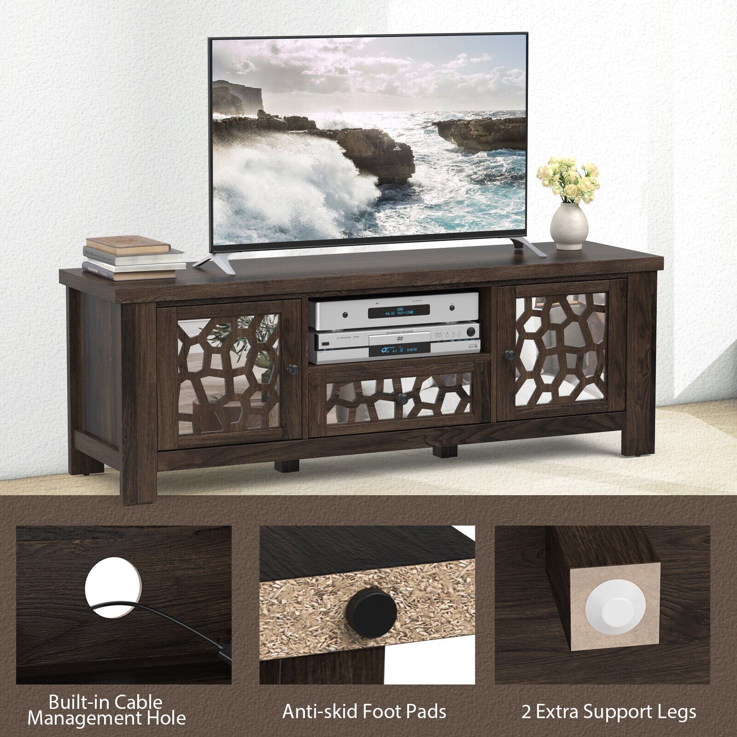 Retro TV Stand with Mirrored Doors and Storage Drawer for TVs up to 60 Inches – Dark Brown