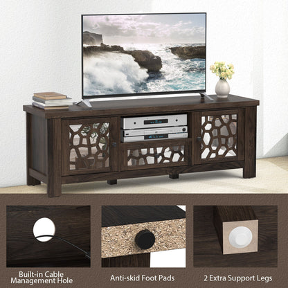 Retro TV Stand with Mirrored Doors and Storage Drawer for TVs up to 60 Inches – Dark Brown