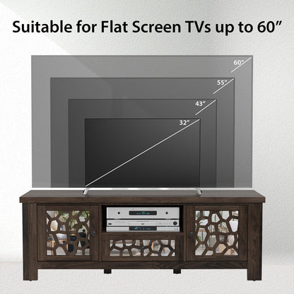 Retro TV Stand with Mirrored Doors and Storage Drawer for TVs up to 60 Inches – Dark Brown
