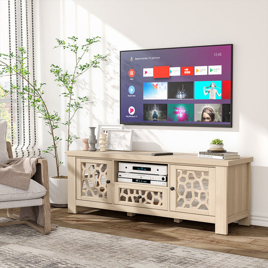 Retro TV Stand with Mirrored Doors and Storage Drawer for TVs up to 60 Inches – Natural
