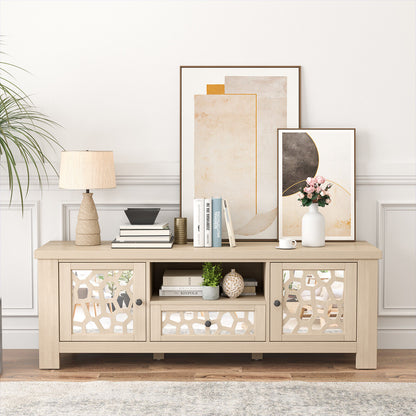 Retro TV Stand with Mirrored Doors and Storage Drawer for TVs up to 60 Inches – Natural