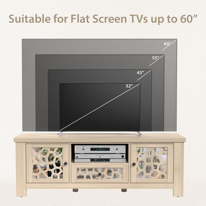 Retro TV Stand with Mirrored Doors and Storage Drawer for TVs up to 60 Inches – Natural