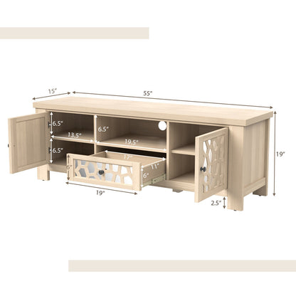 Retro TV Stand with Mirrored Doors and Storage Drawer for TVs up to 60 Inches – Natural